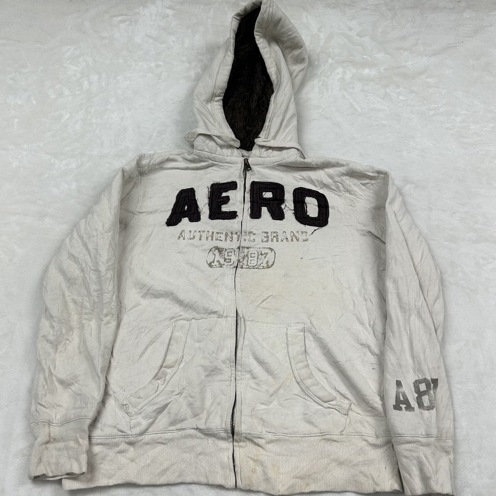 Aeropostale Zip Up Hoodie Womens Small White Faux Fur Lined Thermal A87 Logo